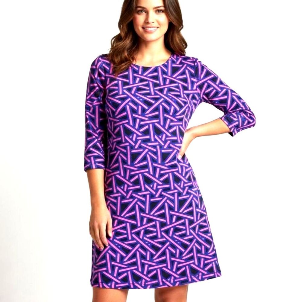 MAHI GOLD Annie Off the Grid Purple Geometric Print 3/4 Sleeves Stretch Dress